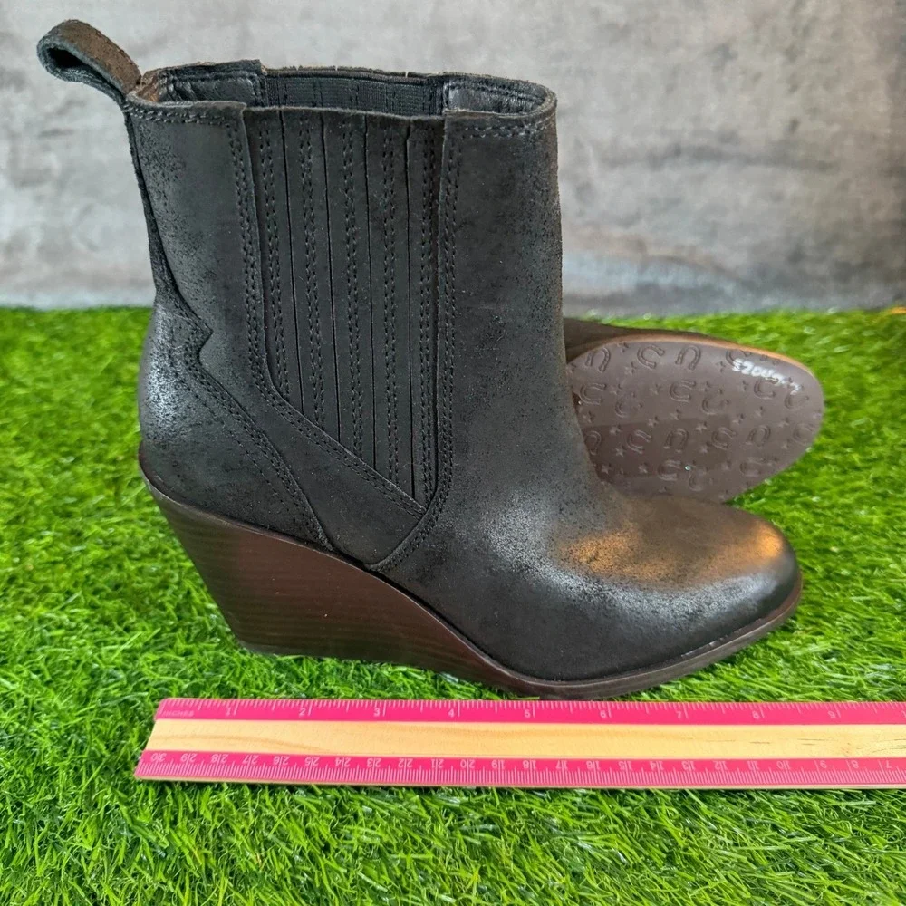 Lucky Brand Wilano Wedge Booties Womens Size 7 Black Leather Elastic Gore